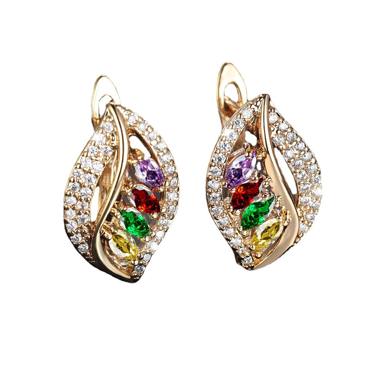 Green Empty Female Champagne Gold Four Diamond Leaf Micro High Stud Earrings