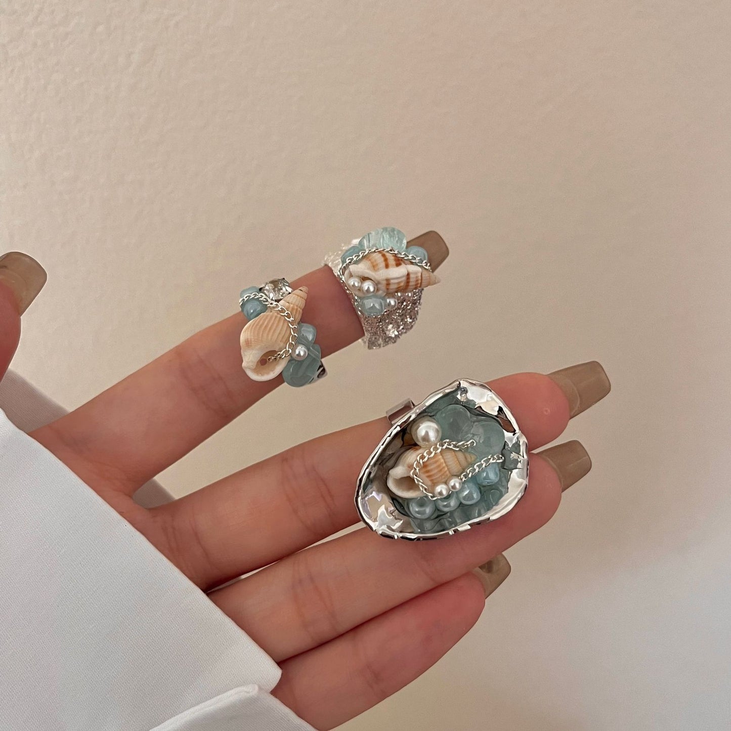 Style Natural Water Blue Stone Shell Handmade Cold Wind Metal Rings