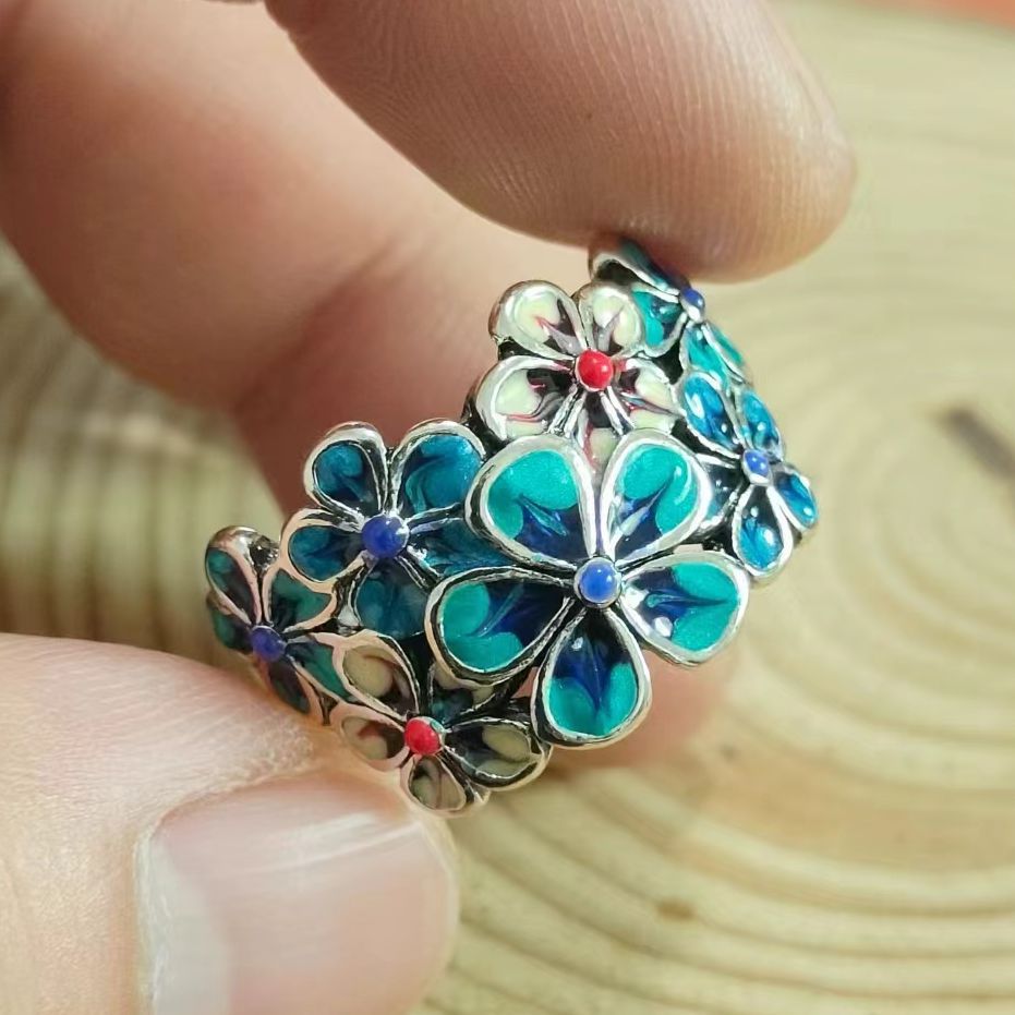 Enamel Brocade Female Elegant Retro Ethnic Style Open Adjustable Creative Rings