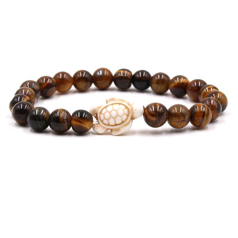 Women's & Men's Natural Yellow Tiger's Eye Beads Turquoise Turtle Bracelet