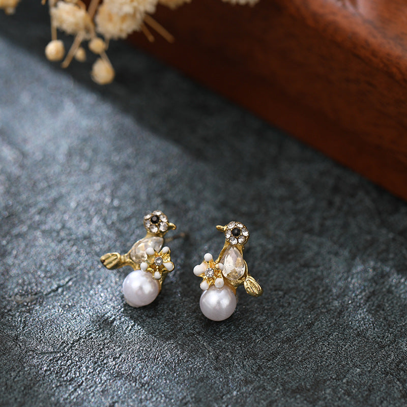 Sier-plated Bird Imitation Pearl Zircon Petite Trendy Niche Personalized Earrings