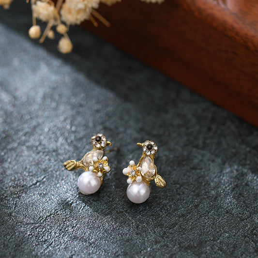 Sier-plated Bird Imitation Pearl Zircon Petite Trendy Niche Personalized Earrings