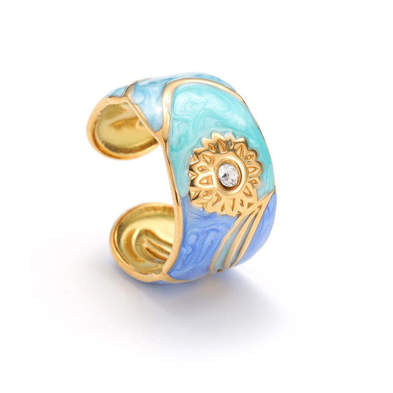 Steel Gold Drop Oil Sunflower Female Shaped Rings
