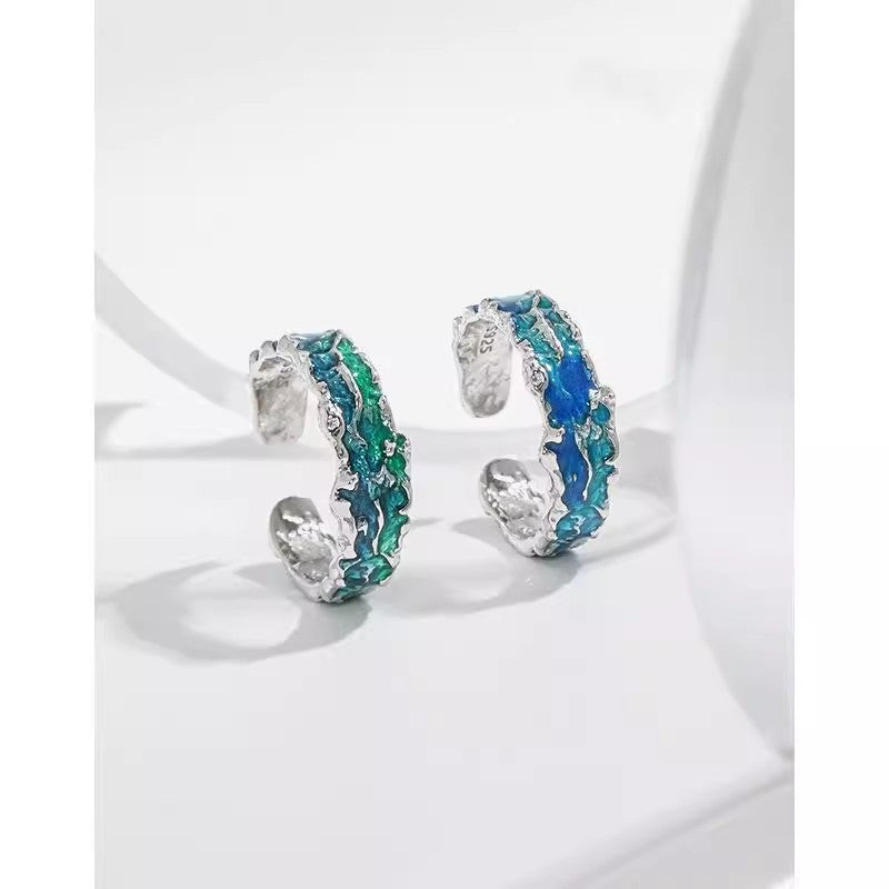 Women's Luxury Blue Green Drip Glazed Sterling Ring