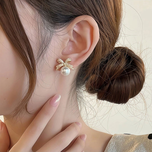 Women's Sterling Sier Needle Bowknot Pearl Light Earrings