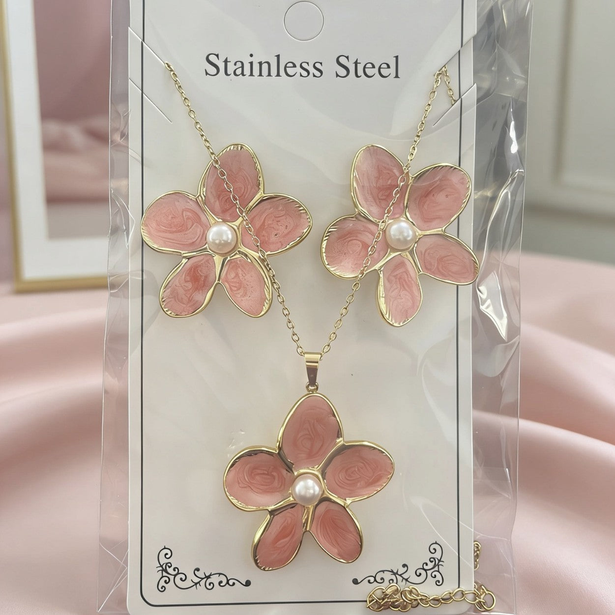 Flower Water Drops Glaze Personality Stainless Jewelry Set