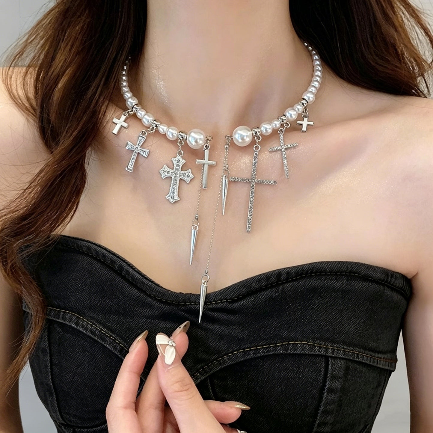 French Style High-grade Light Luxury Niche Open Pearl Cross Necklaces