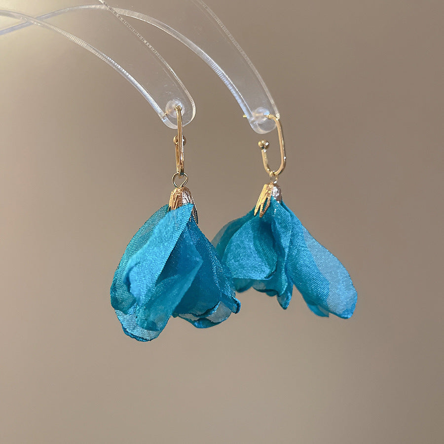 Women's Fresh Blue Fabric Flower Tassel Seaside Vacation Style Light Stud Earrings