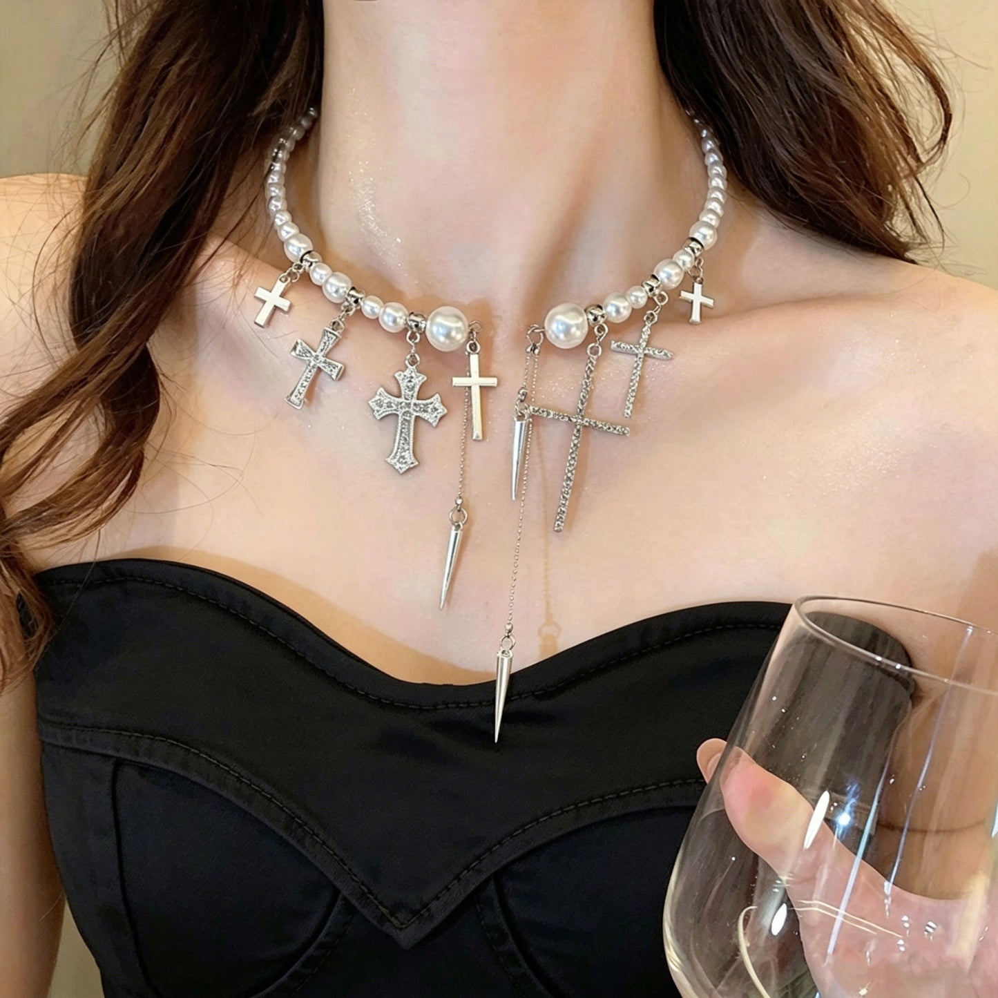 French Style High-grade Light Luxury Niche Open Pearl Cross Necklaces