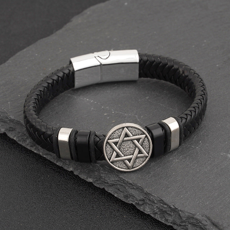 Men's Woven Punk Cowhide Magnetic Snap Cross Bracelets