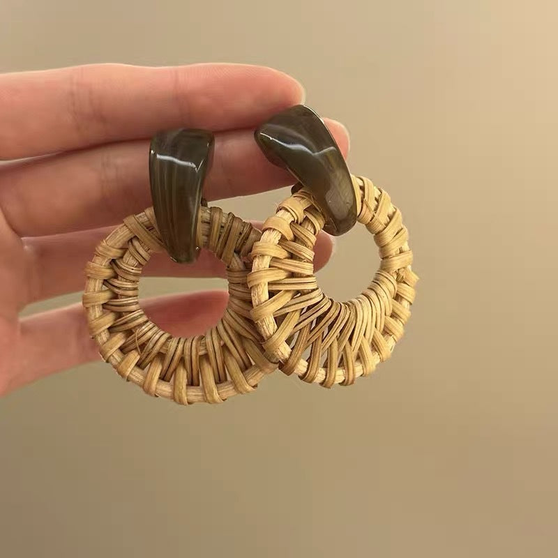Style Sier Needle Resin Rattan Beads Round Fashion Earrings