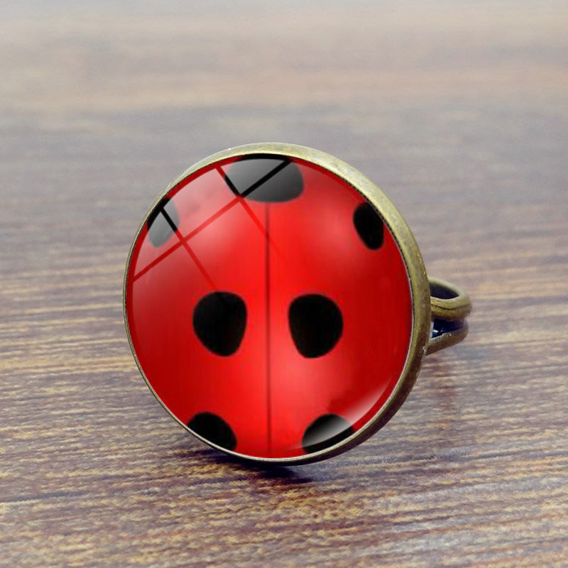 Round Polka Dot Time Stone Cartoon Anime Ladybug Brush Printed Ring