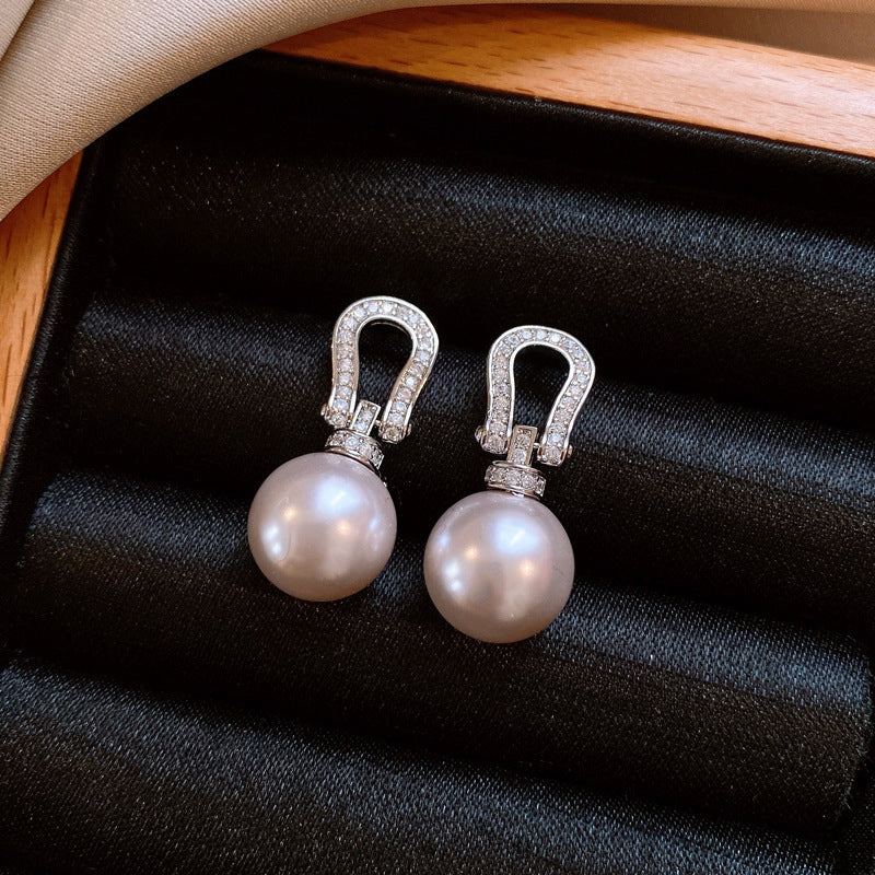 French Flash Zircon Flower Pearl Light Luxury Earrings