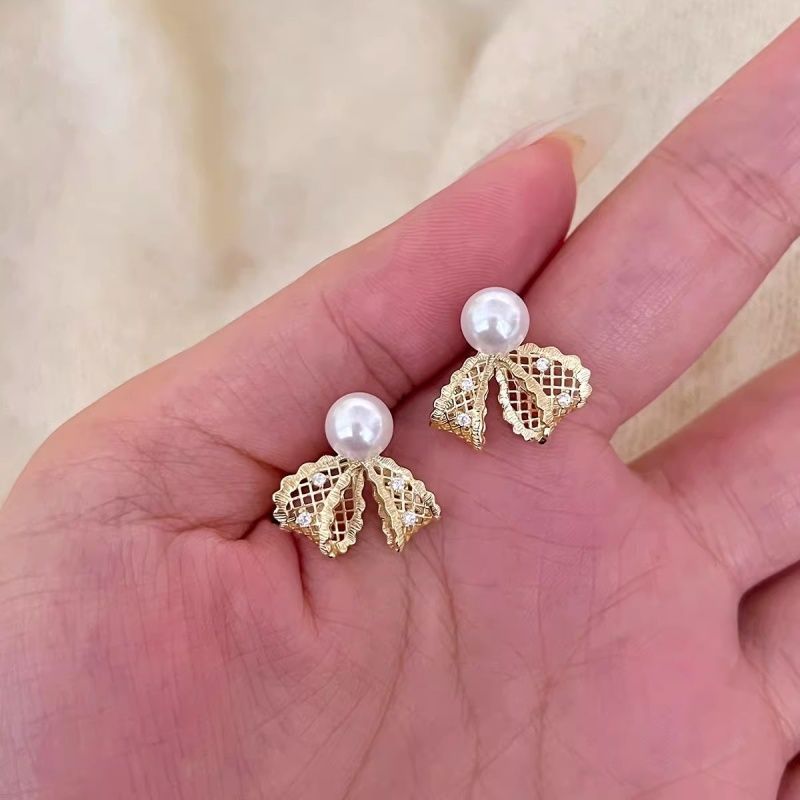 Women's Sweet Lace Ribbon Bowknot Pearl Unique Beautiful Earrings