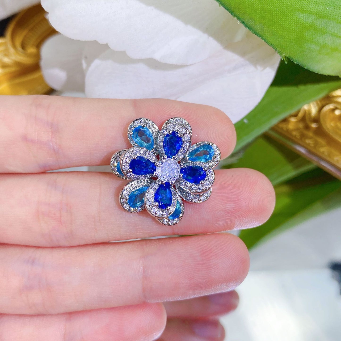 Live Broadcast Elegant Color Zircon Flower Simple Three-dimensional Camellia Jewelry Set