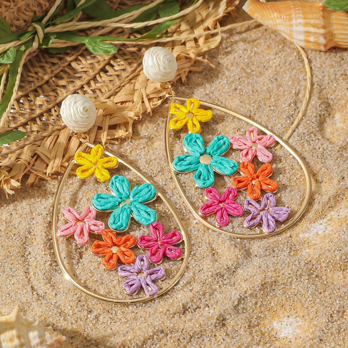 Personalized Creative Metal Hollow Flower Hand-woven Drop Shape Earrings