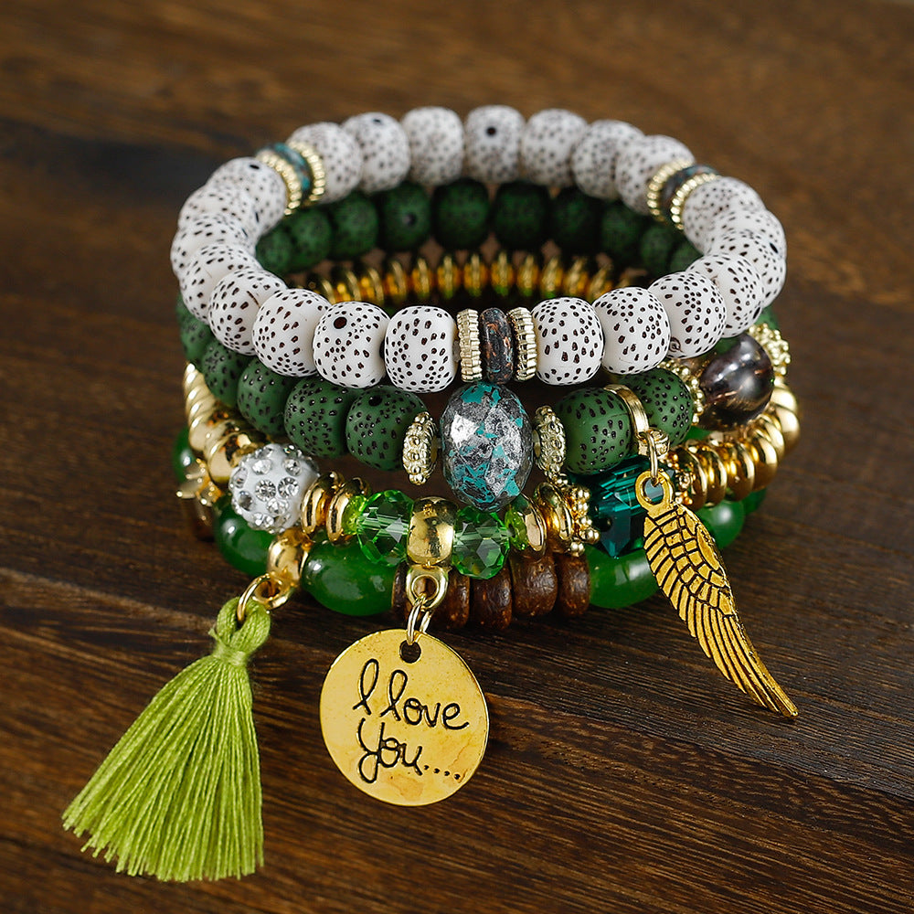 Combination Buddha Beads Simple Disc Heart Wings Tassel Bracelet