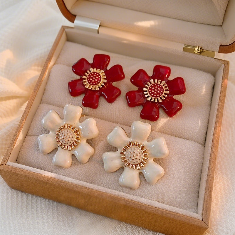 Red Glaze Flowers Retro Simple Versatile Stud Earrings