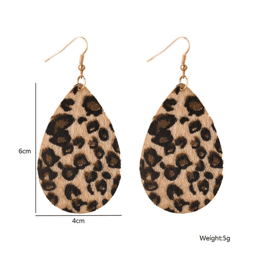 Women's Leather Horse Fur Print Hollow Water Earrings