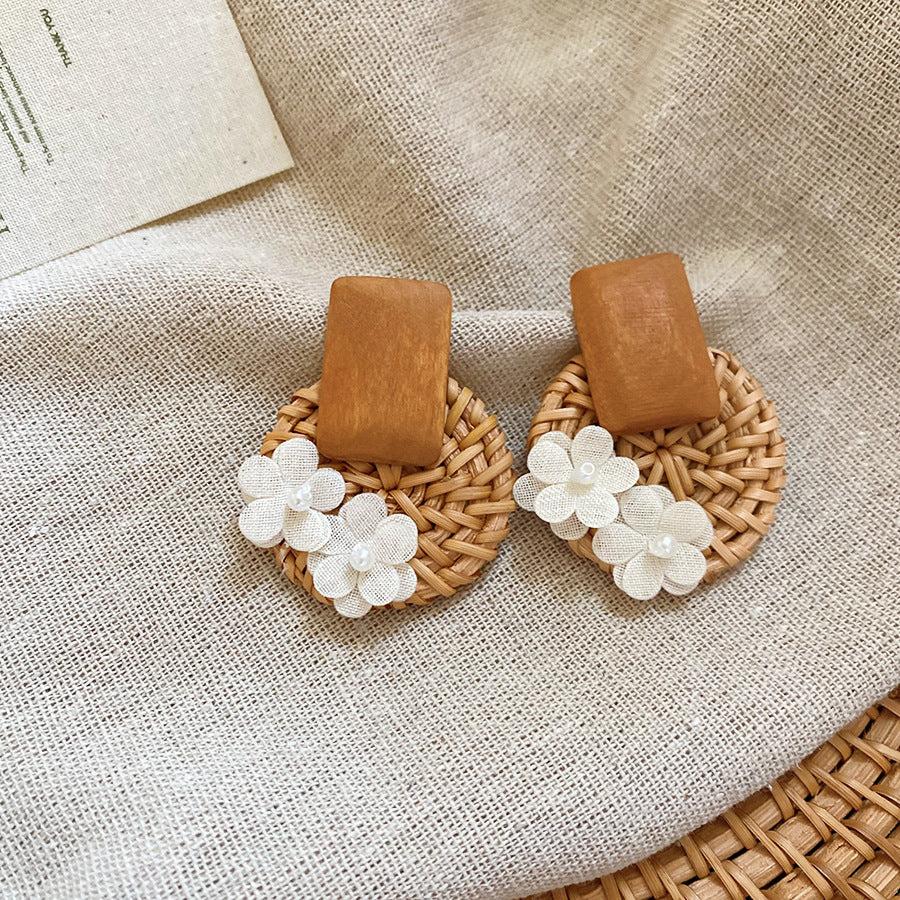 Style Sier Needle Resin Rattan Beads Round Fashion Earrings
