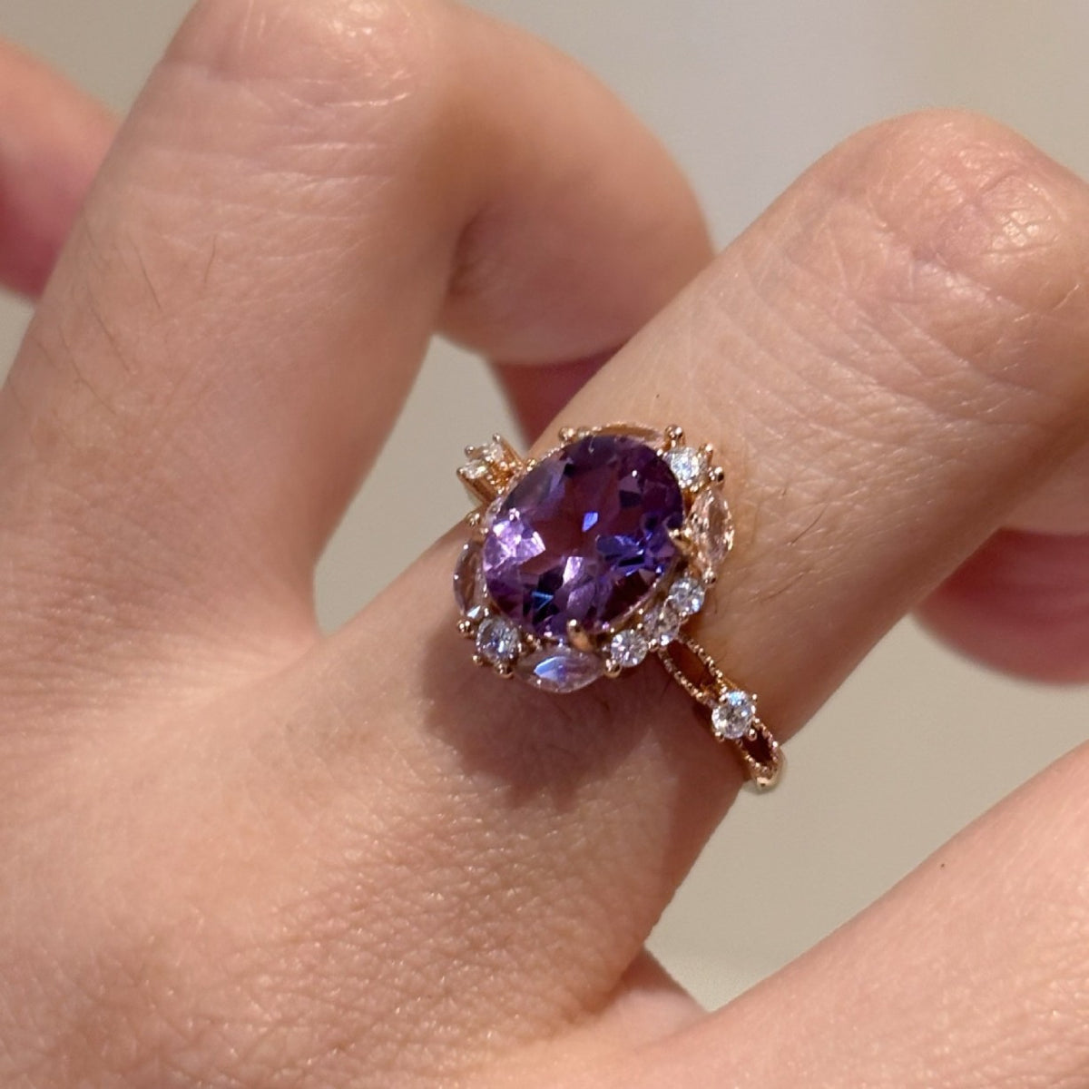 Women's Amethyst Rhinestone Big Diamond Rose Gold Refined Grace Ring
