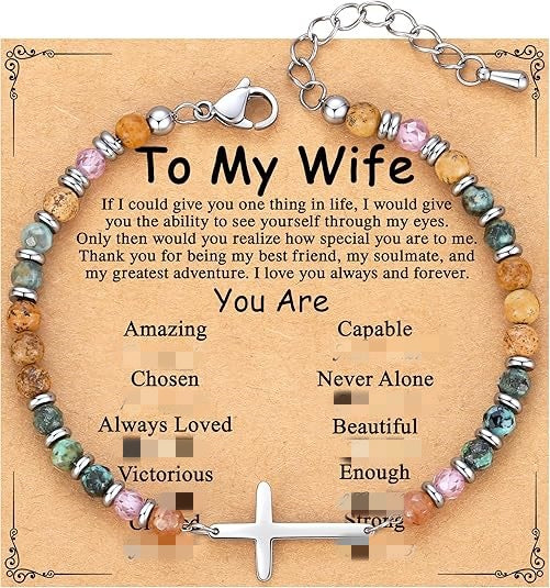 Women's Natural Stone Beaded Cross Lobster Buckle Adjustable Band Bracelet