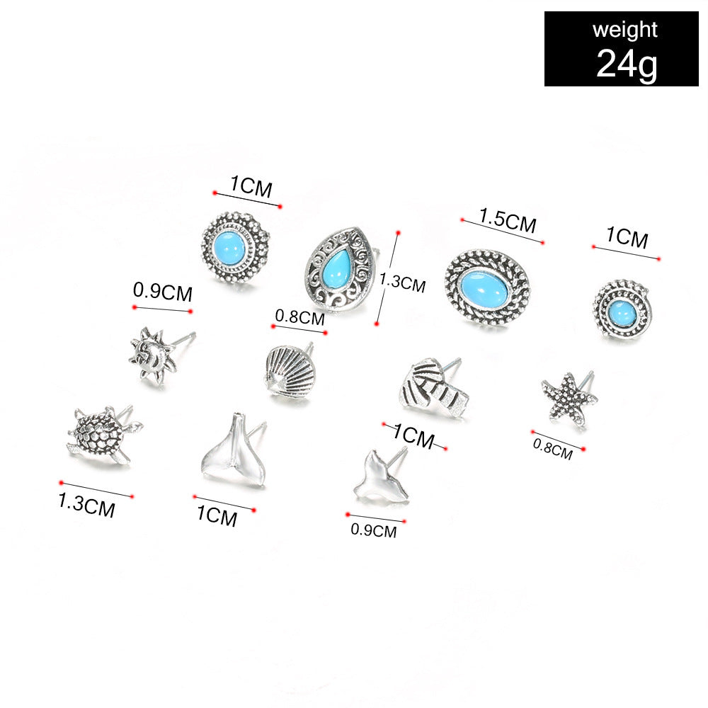 Hollow Carved Turquoise Starfish Turtle Fishtail Stud Earrings