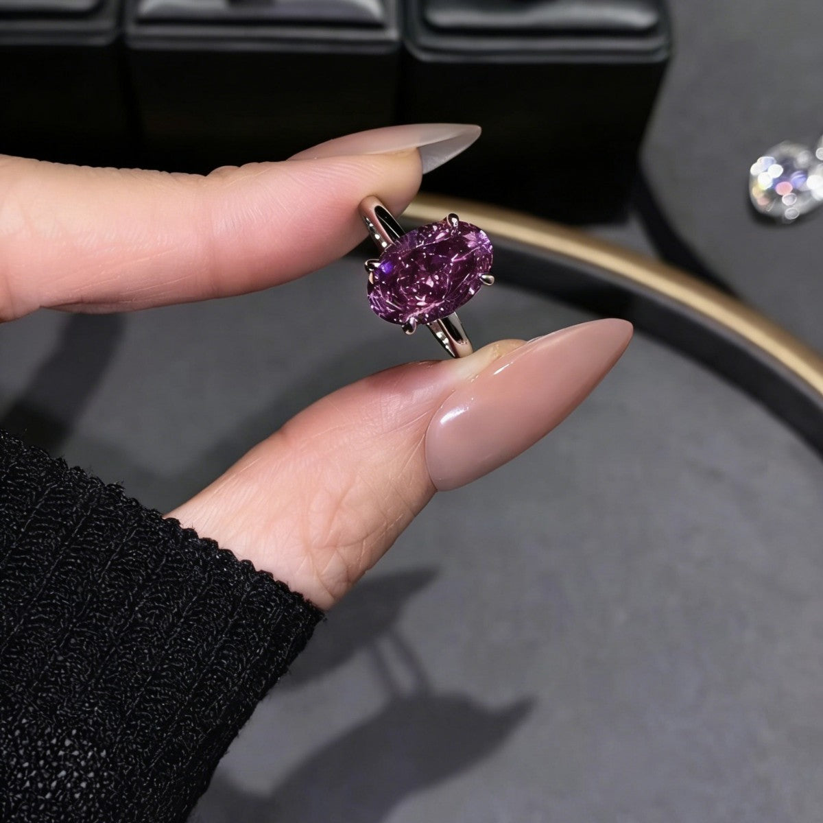 Grape Pink Purple Minimalist Big Diamond High-grade Ring