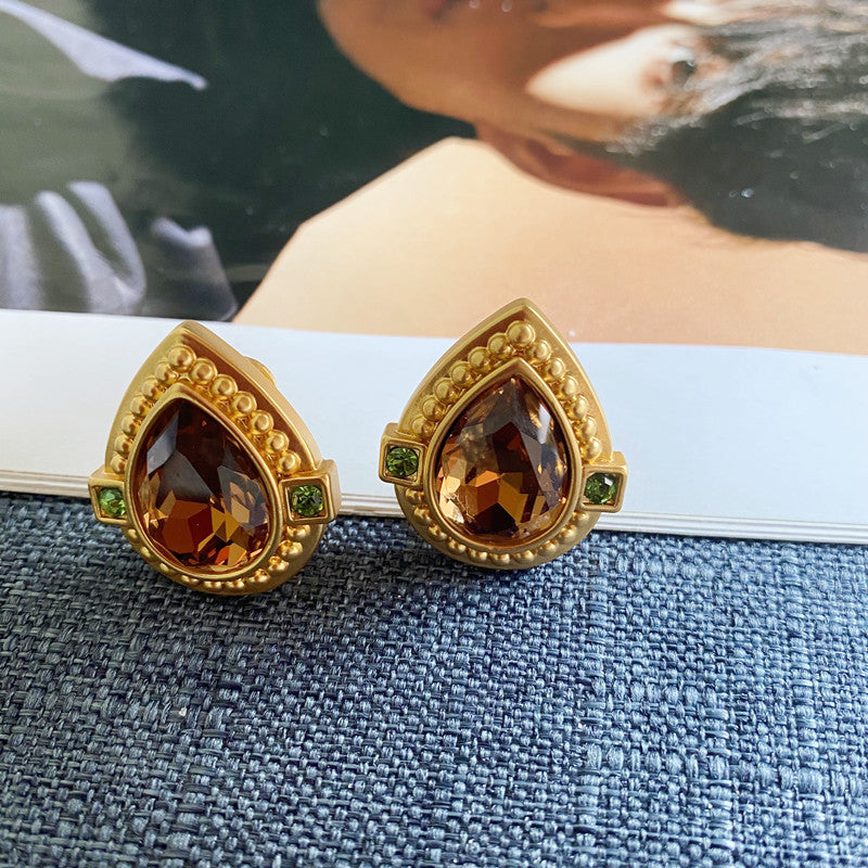 Retro Matte Brass Texture Heart Color Glass Ear Stud Earrings
