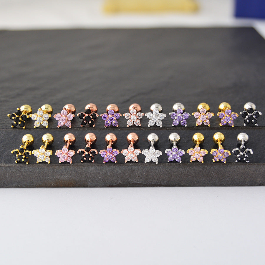 Flowers Female Screw Pattern Zircon Ear Earrings