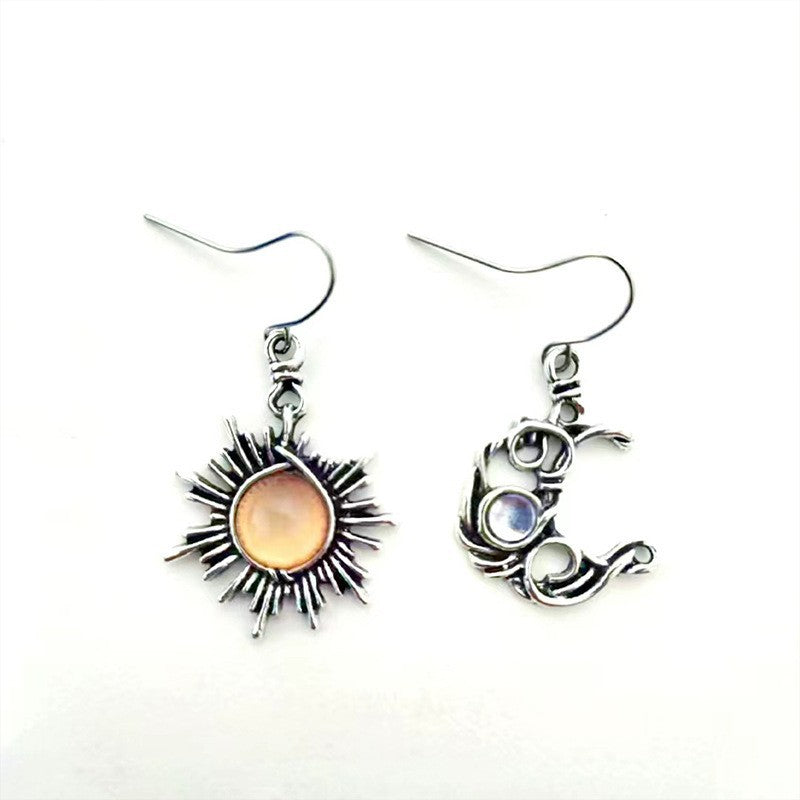 Bohemian Sun Moon Fashion Moonstone Asymmetric Earrings