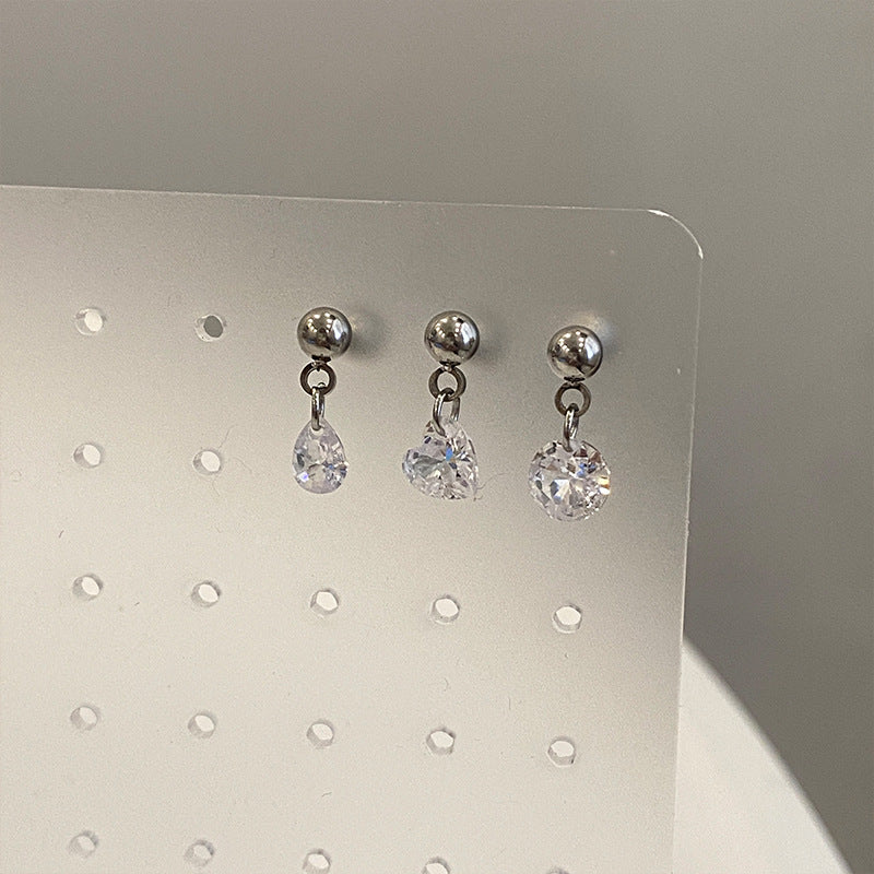 Women's Titanium Steel Ear Heart Water Drops Eardrops Zircon Screw Shiny Stud Earrings