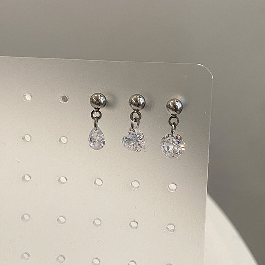 Women's Titanium Steel Ear Heart Water Drops Eardrops Zircon Screw Shiny Stud Earrings
