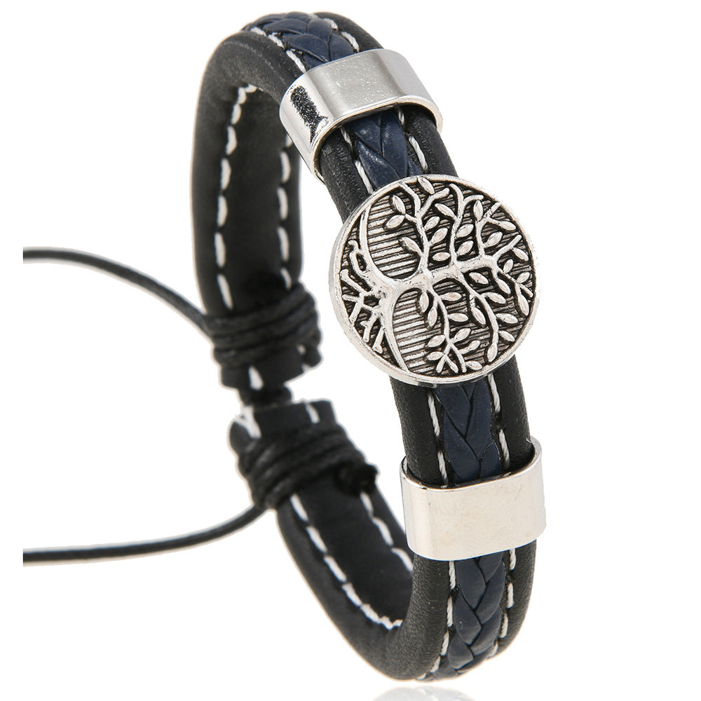 Men's Hand-woven Beads Metal Lucky Tree Leather Bracelets