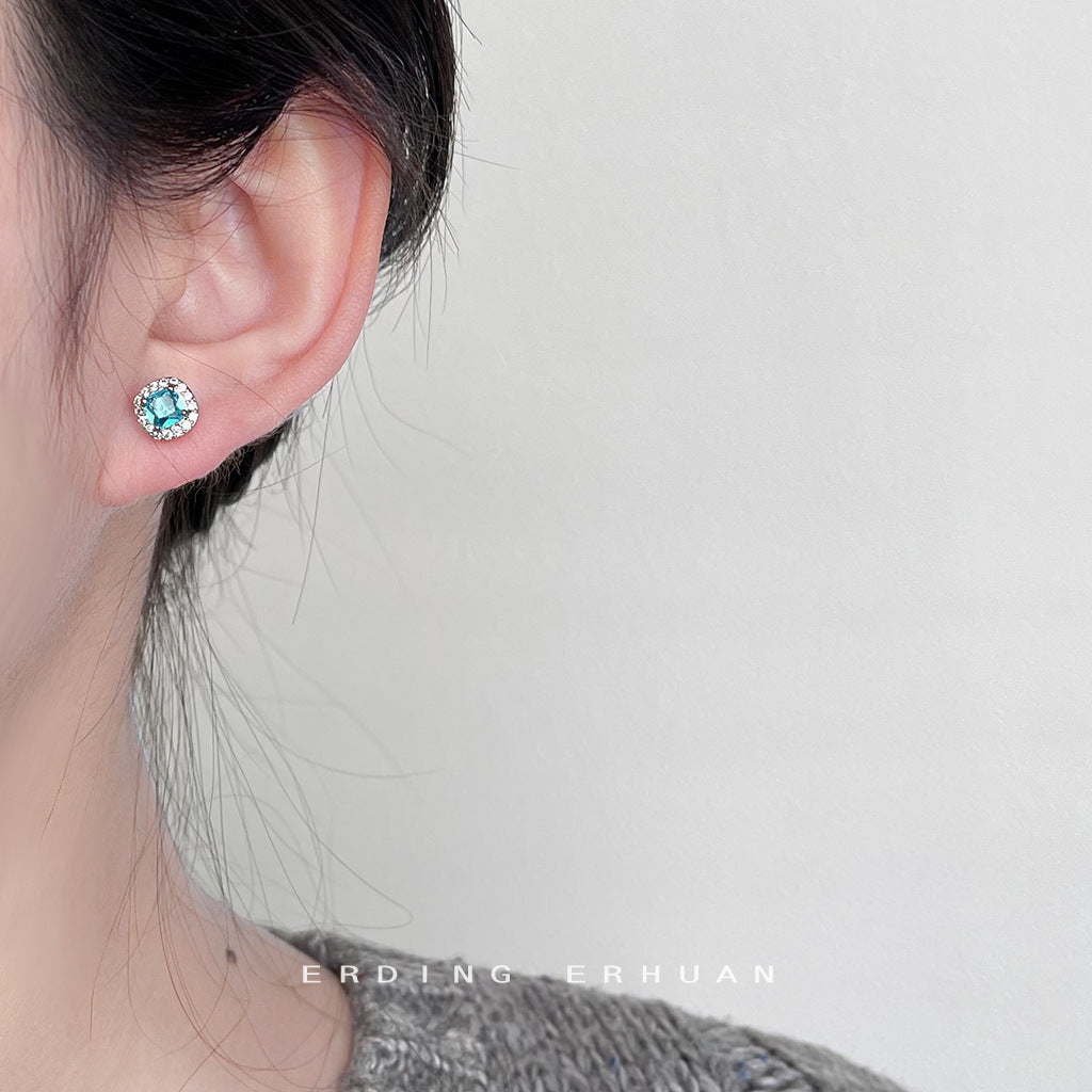 Micro Inlaid Zircon Simple Navy Blue Square Geometric Sier Earrings