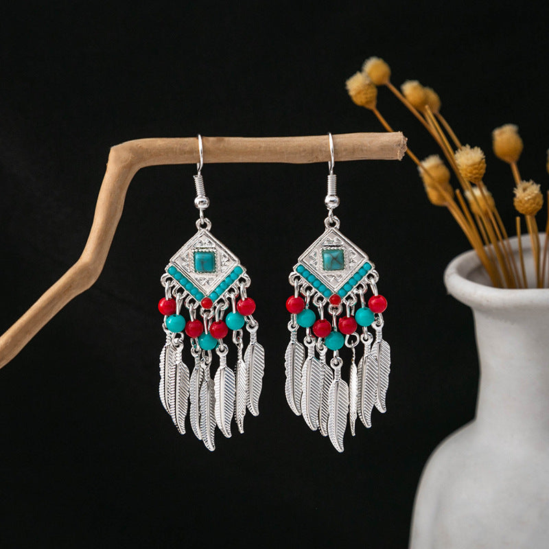 Miao Sier Colorful Long Feather Tassel Rings