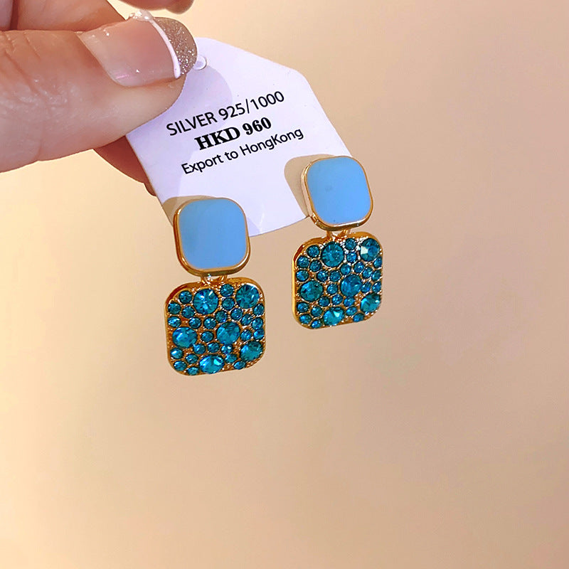 Women's Sier Needle Retro Diamonds Square Light Luxury Simplicity Elegant Fashionable Earrings