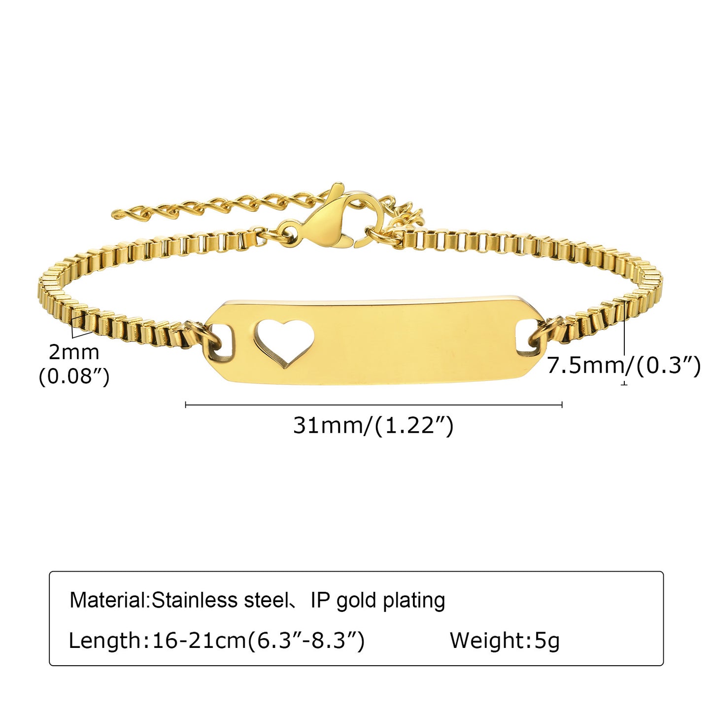 Women's Stainless Steel Curved Box Chain Gold Bracelets