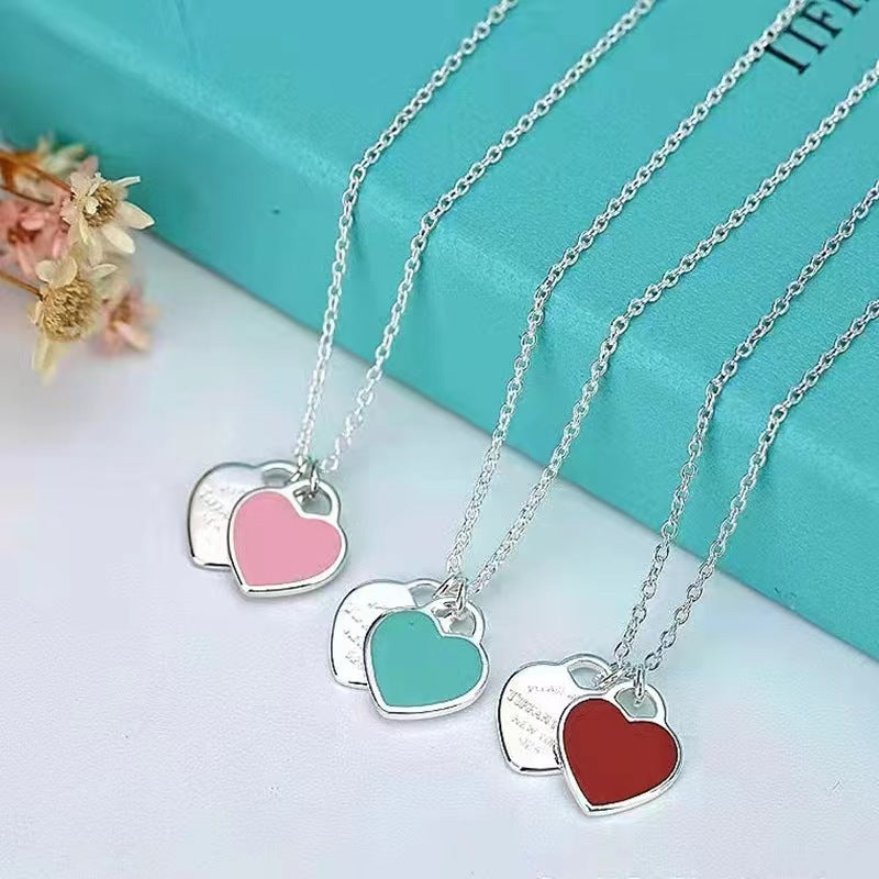 Women's Red Heart Drop Oil Enamel Blue Necklaces