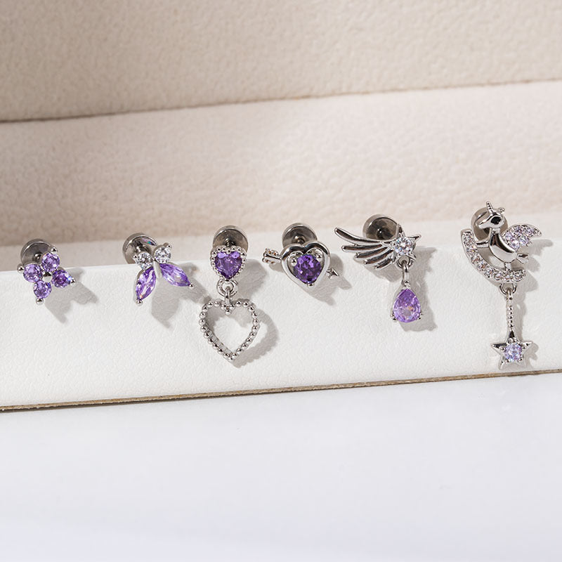 Steel Ear Bone Purple Heart-shaped Zircon Butterfly Screw High-grade Niche Rings
