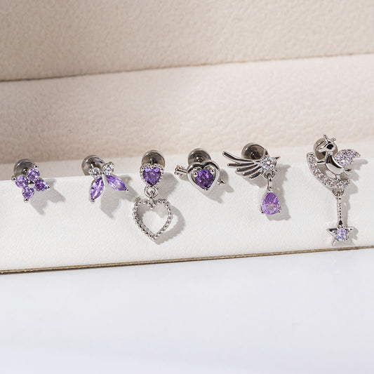 Steel Ear Bone Purple Heart-shaped Zircon Butterfly Screw High-grade Niche Rings
