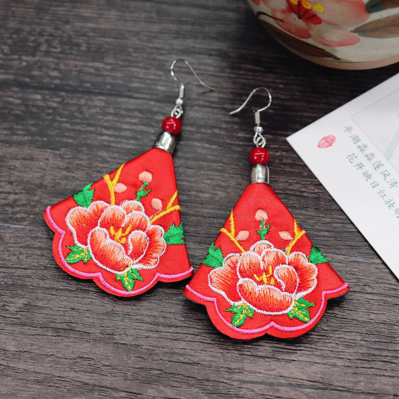 Women's Retro Ethnic Style Handmade Embroidered Fabric Long Flower Earrings