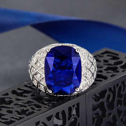 Men's Open Fat Rectangular Sapphire Honeycomb Full Diamond Group Rings