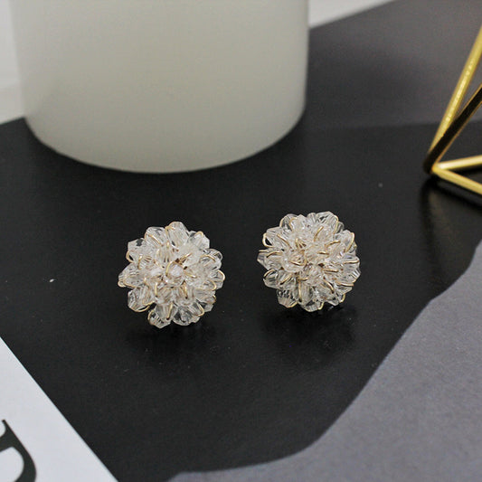 Sier Needle Handmade Round White Crystal Floral Ball Fairy Earrings