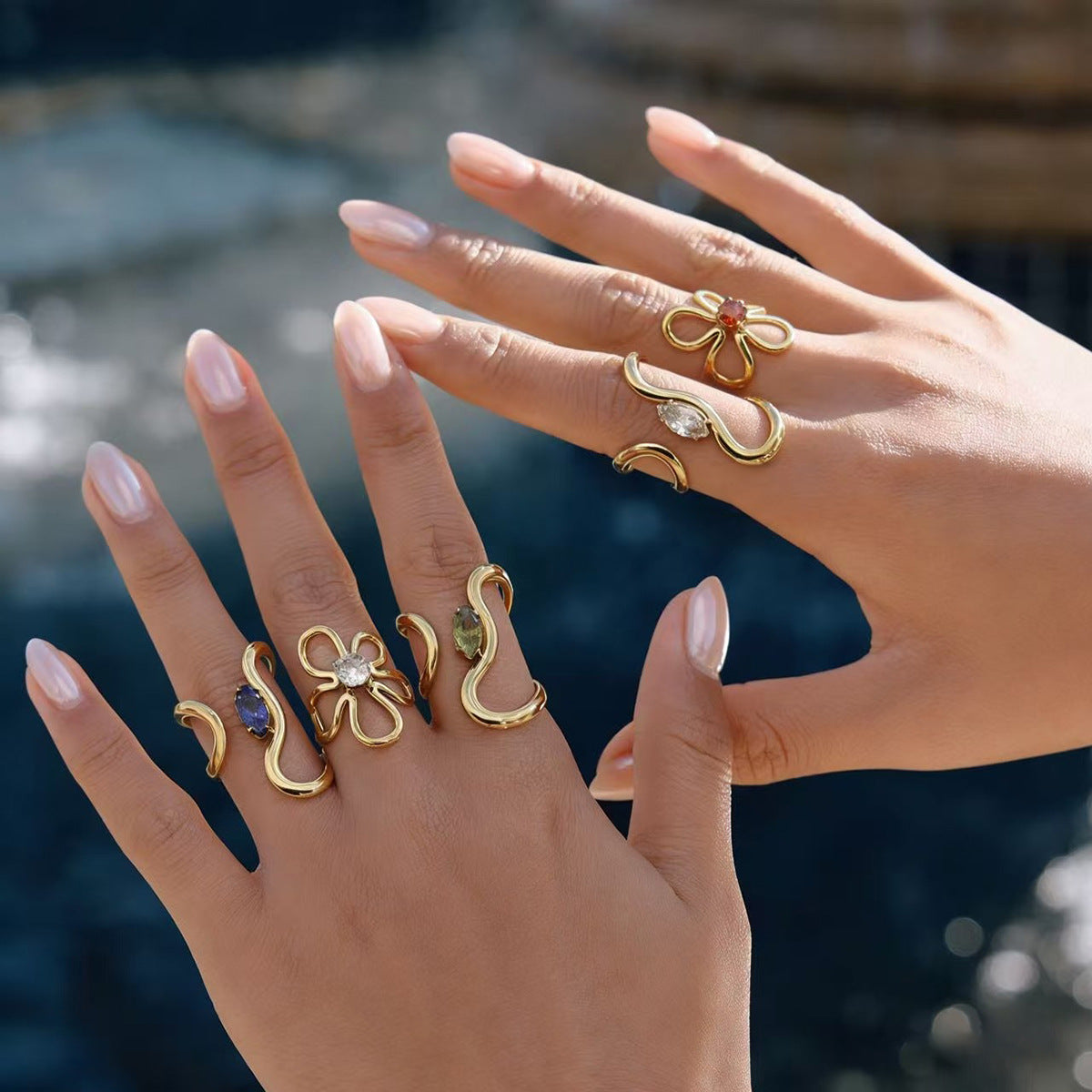 Wind Wild Stainless Steel Flower Zircon Hollow Line Ring