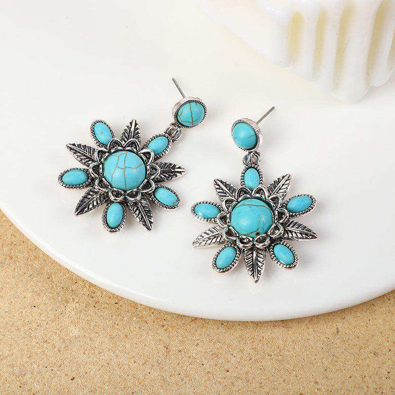 Retro Flower Turquoise Western Style Exaggerated Buddha Rings
