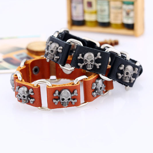 Men's Genuine Leather Alloy Skull Punk Vintage Cowhide Bracelets