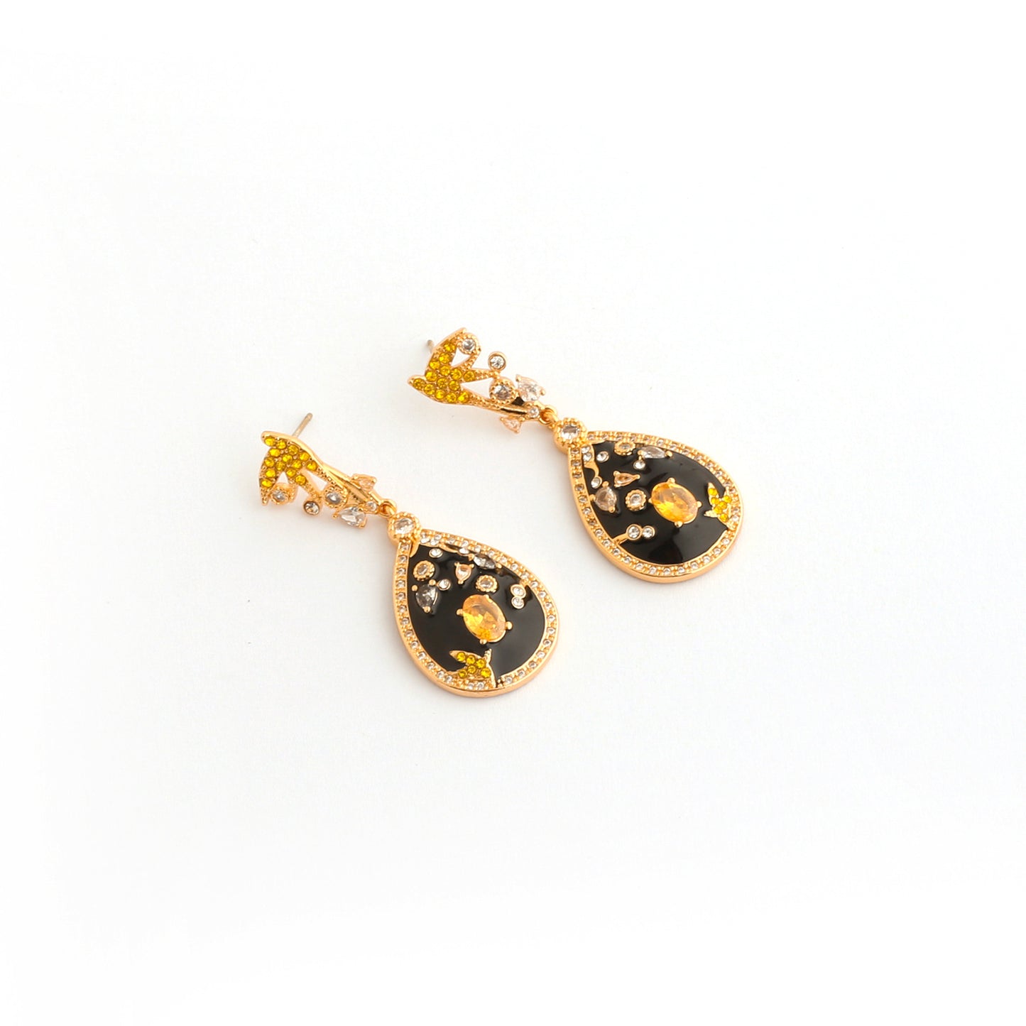 Real Gold Gaanized Enamel Diamond Retro Earrings