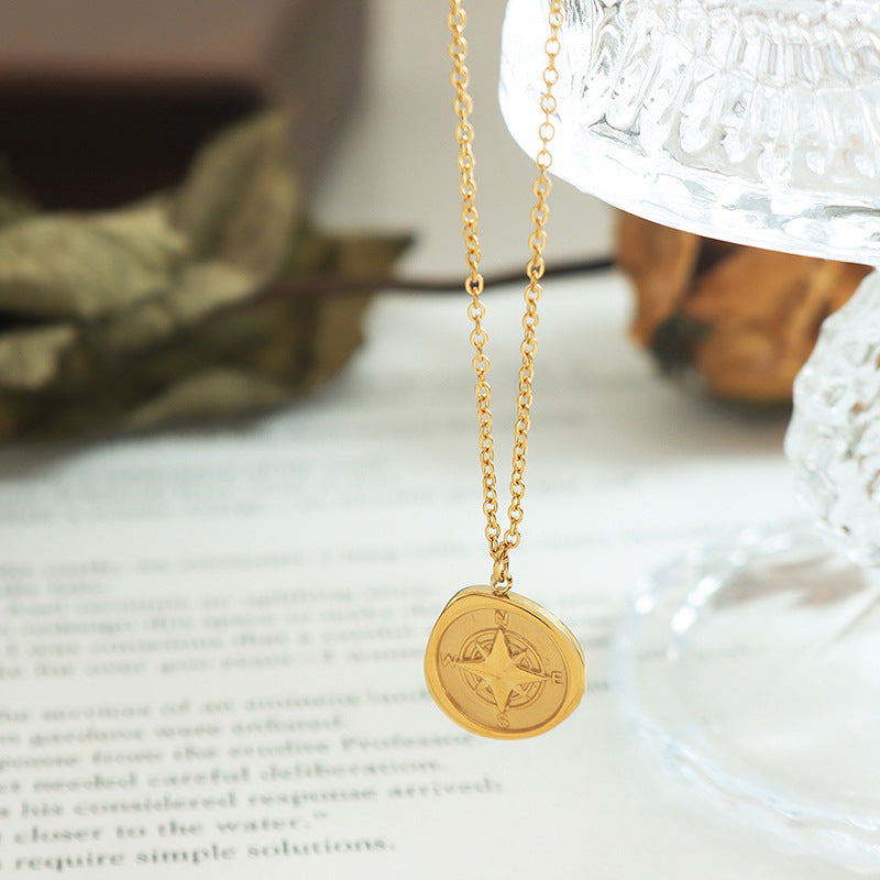 Round Compass Design Titanium Steel Gold-plated Necklace