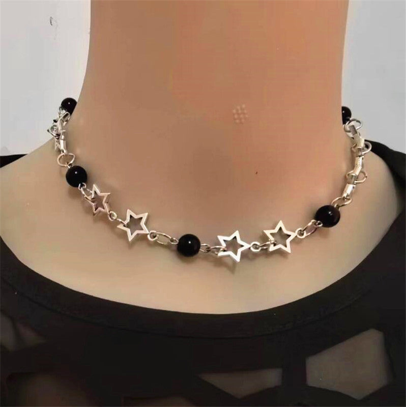Pop Punk Hollow Pentagram Imitation Pearl Necklace